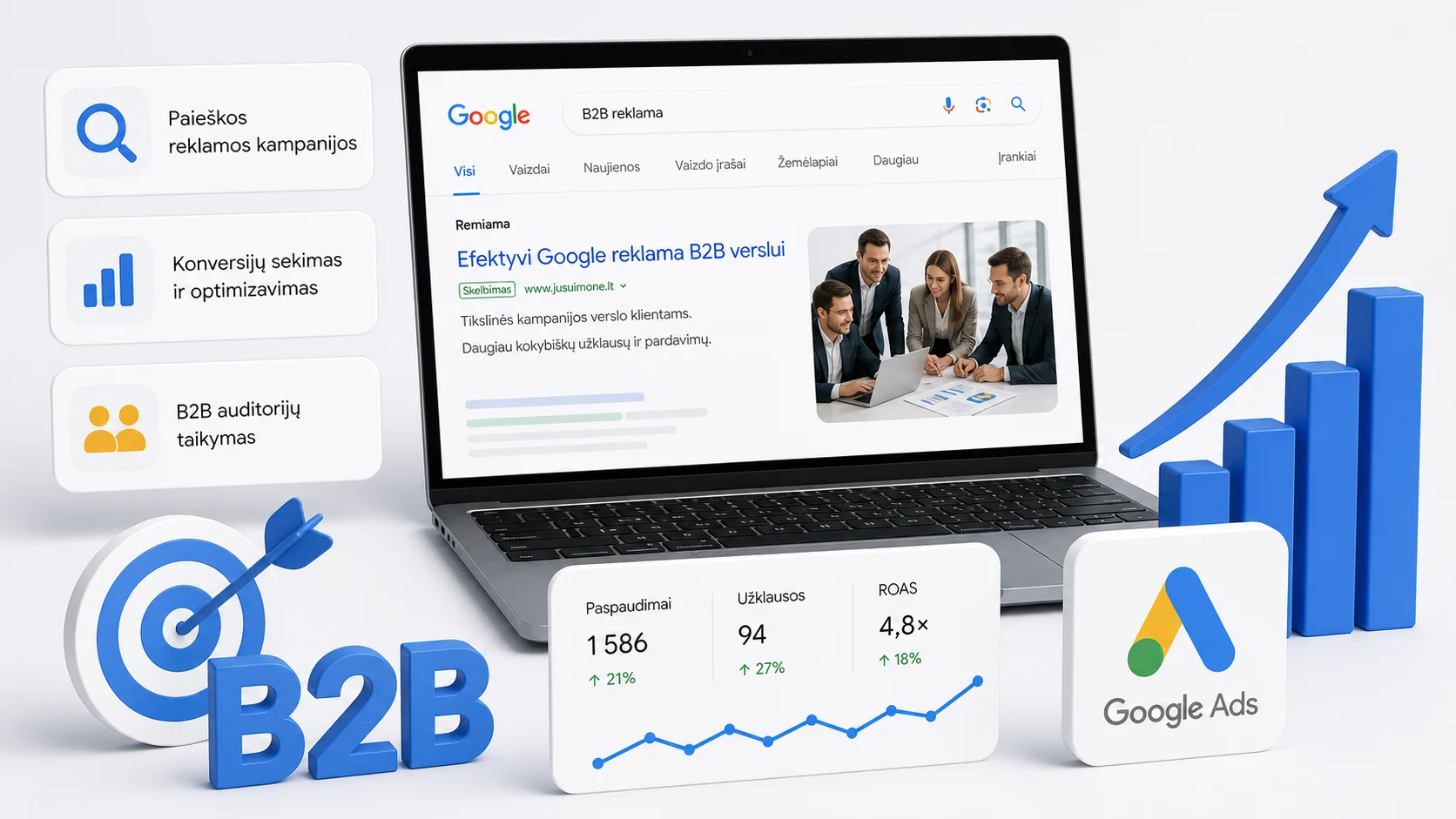 Google reklamos B2B verslui iliustracija