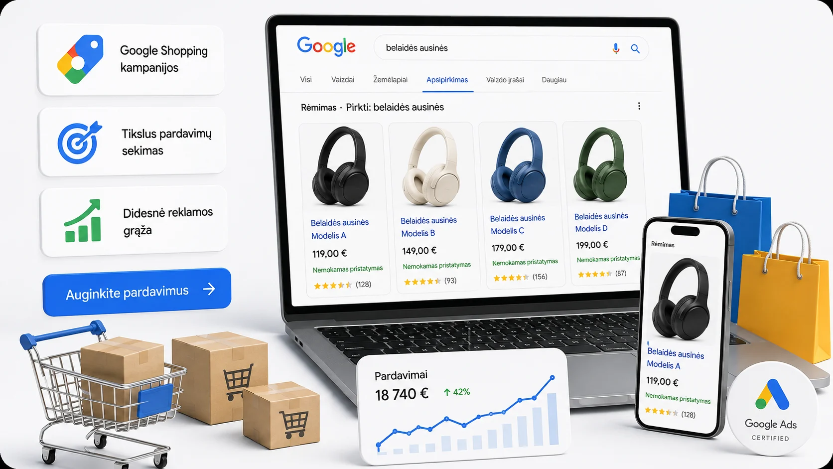 „Google“ apsipirkimo reklamos elektroninei prekybai iliustracija